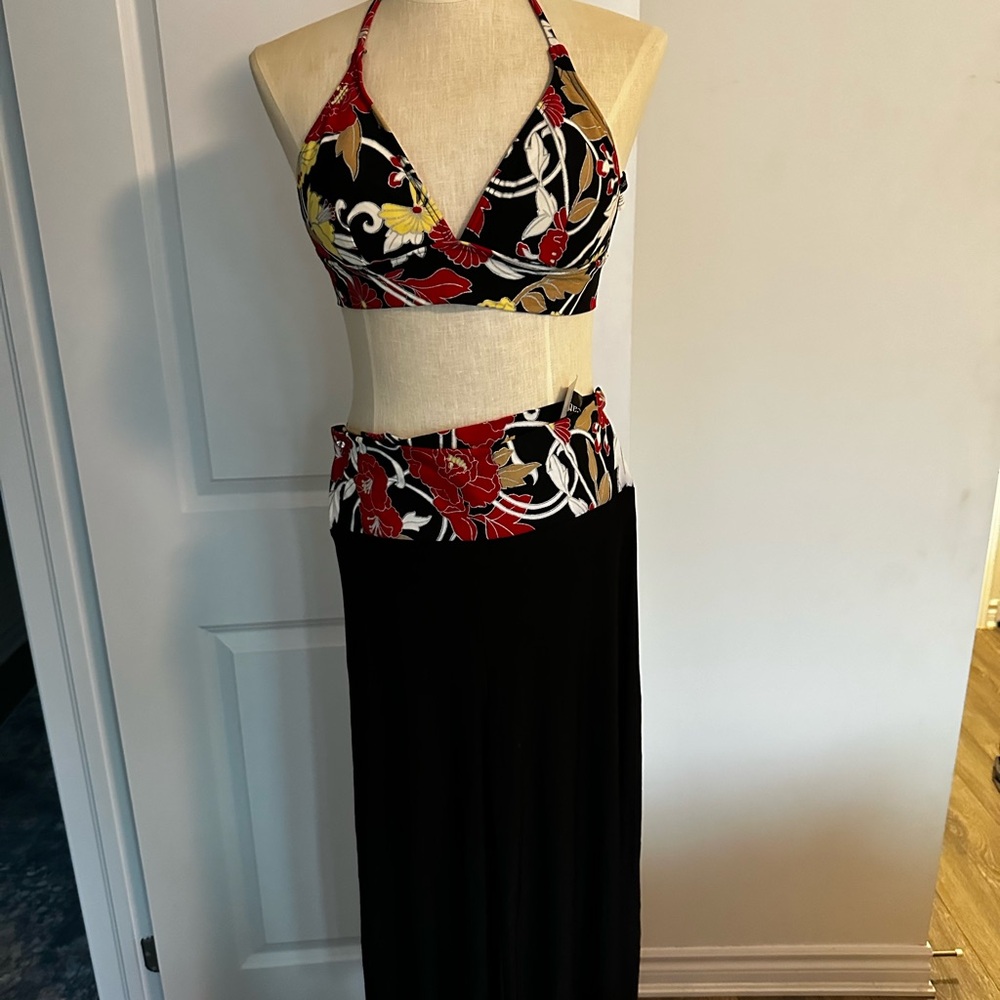 Floral Halter Bikini Top and Black Pant Set
